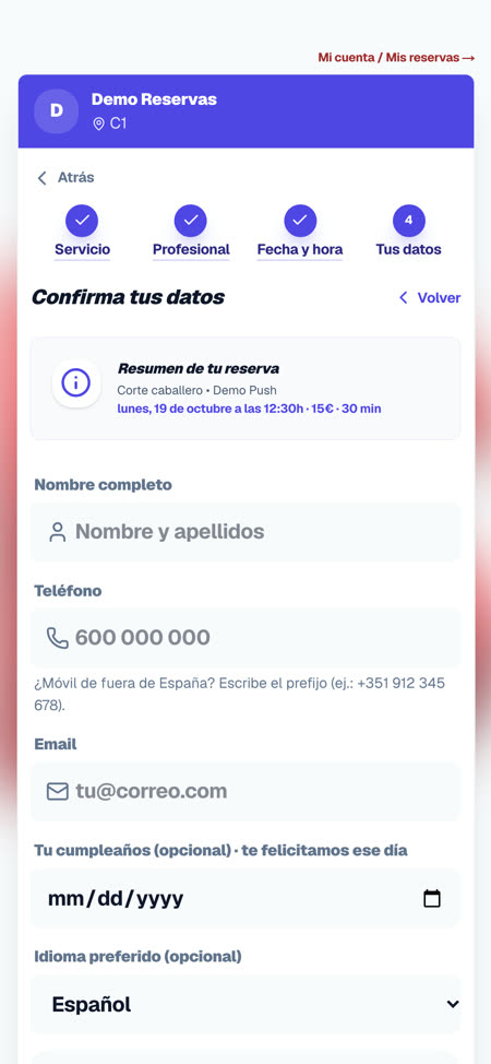Reserva del cliente: datos