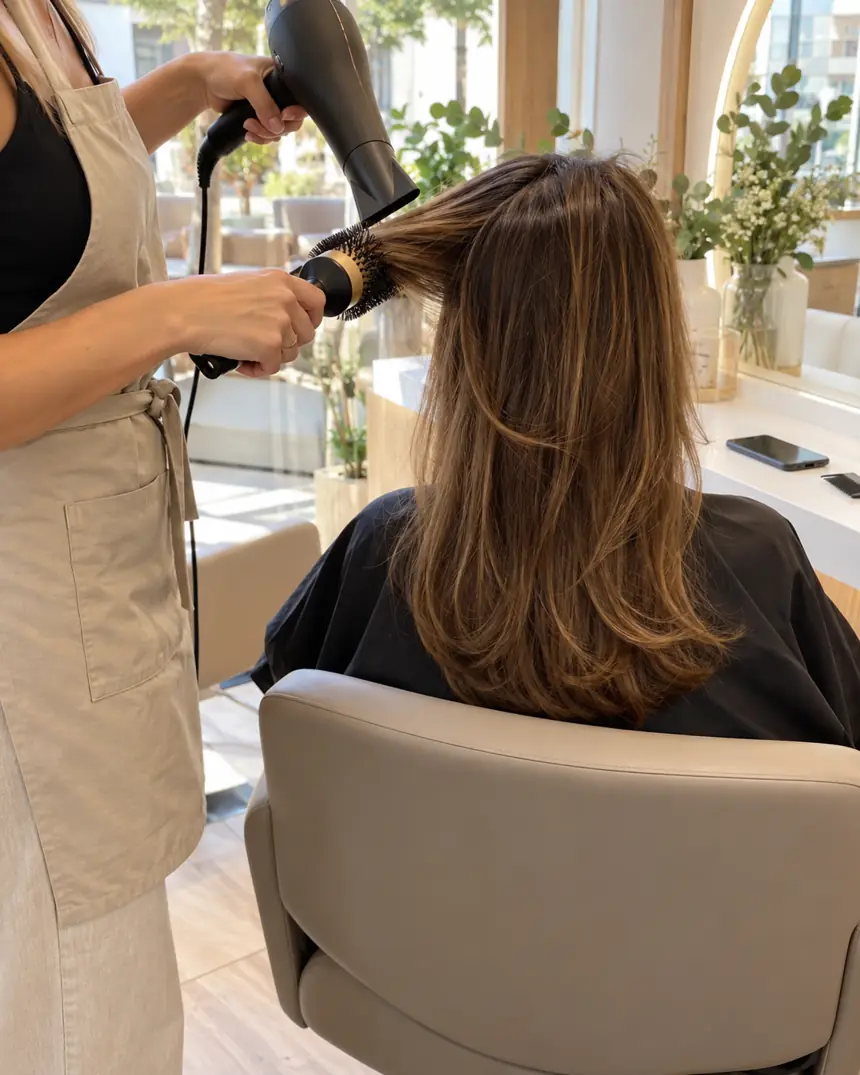 Peluquera terminando un peinado