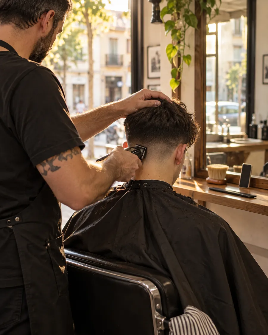 Barbero cortando; en la repisa, su móvil