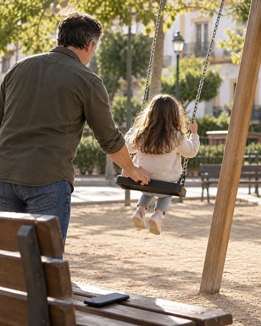 Día libre en el parque; el móvil, en el banco