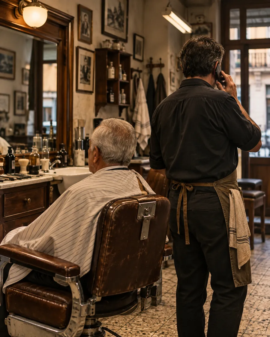 Barbero con un cliente en el sillón
