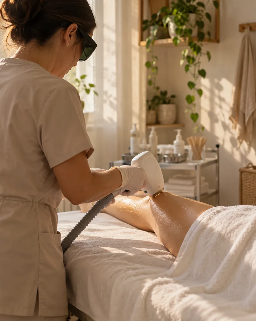 Esteticista trabajando con una clienta en la camilla