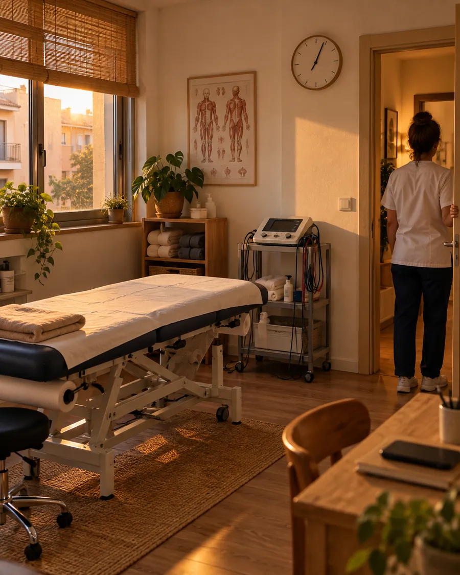 Sala de fisioterapia preparada y vacía, con el reloj en la pared
