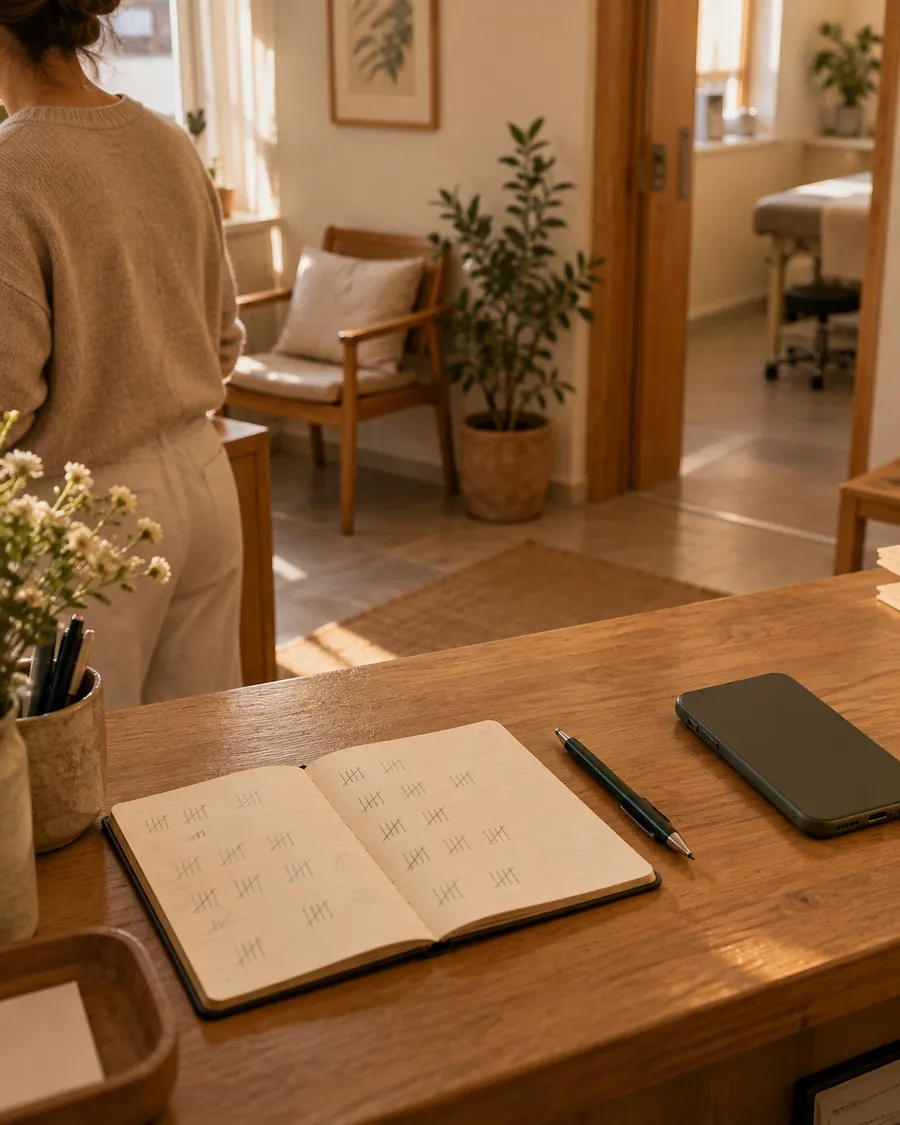 Libreta de citas y móvil sobre la mesa de recepción