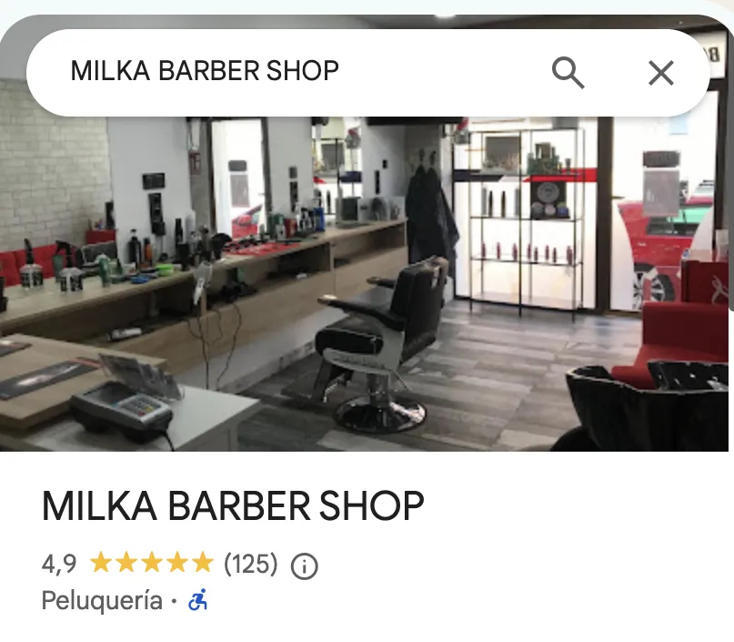 Ficha de Google de Milka Barber Shop: 4,9 estrellas y 125 reseñas (octubre de 2026)
